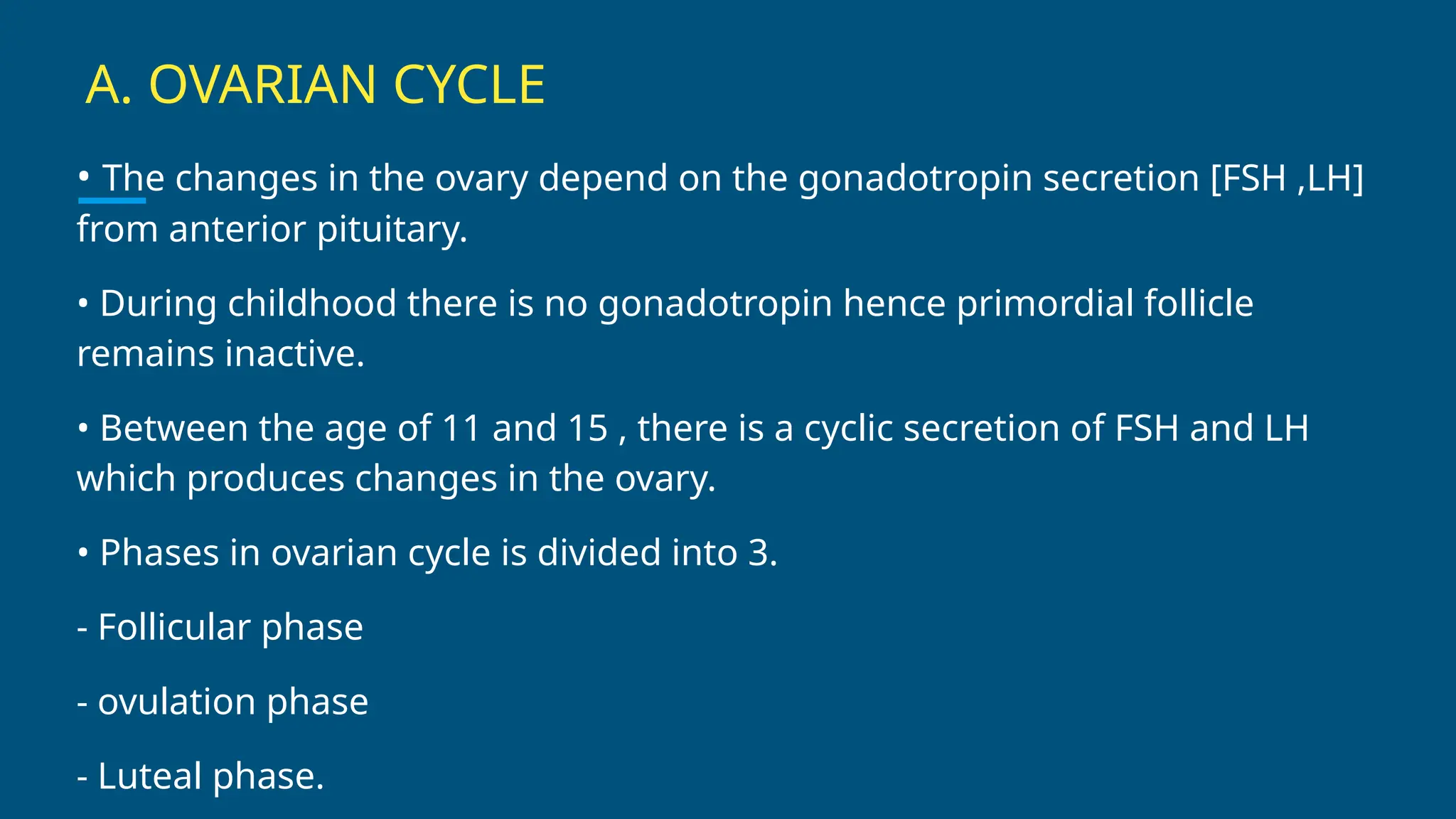 A. OVARIAN CYCLE
• The changes in the ovary depend on the gonadotropin secretion [FSH ,LH]
from anterior pituitary.
• During childhood there is no gonadotropin hence primordial follicle
remains inactive.
• Between the age of 11 and 15 , there is a cyclic secretion of FSH and LH
which produces changes in the ovary.
• Phases in ovarian cycle is divided into 3.
- Follicular phase
- ovulation phase
- Luteal phase.
 