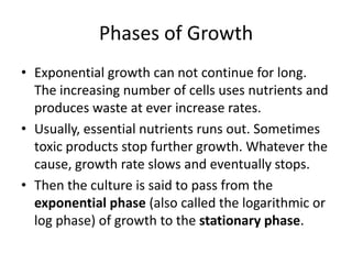 Phases of Growth
• Exponential growth can not continue for long.
The increasing number of cells uses nutrients and
produce...