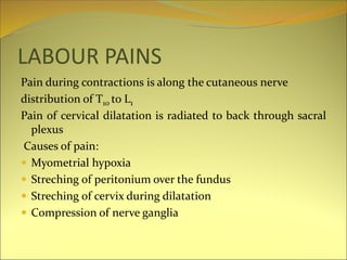 LABOUR PAINS
Pain during contractions is along the cutaneous nerve
distribution of T10 to L1
Pain of cervical dilatation is radiated to back through sacral
plexus
Causes of pain:
 Myometrial hypoxia
 Streching of peritonium over the fundus
 Streching of cervix during dilatation
 Compression of nerve ganglia
 