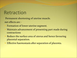 Retraction
Permanent shortening of uterine muscle.
net effects are :
 Formation of lower uterine segment.
 Maintain advancement of presenting part made during
contractions
 Reduce the surface area of uterus and hence favouring
placental separation.
 Effective haemostasis after separation of placenta.
 