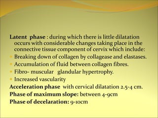 Latent phase : during which there is little dilatation
occurs with considerable changes taking place in the
connective tissue component of cervix which include:
 Breaking down of collagen by collagease and elastases.
 Accumulation of fluid between collagen fibres.
 Fibro- muscular glandular hypertrophy.
 Increased vascularity
Acceleration phase with cervical dilatation 2.5-4 cm.
Phase of maximum slope: between 4-9cm
Phase of decelaration: 9-10cm
 