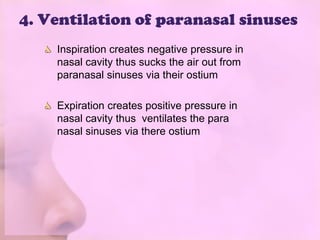 4. Ventilation of paranasal sinuses
    Inspiration creates negative pressure in
    nasal cavity thus sucks the air out from
    paranasal sinuses via their ostium

    Expiration creates positive pressure in
    nasal cavity thus ventilates the para
    nasal sinuses via there ostium
 