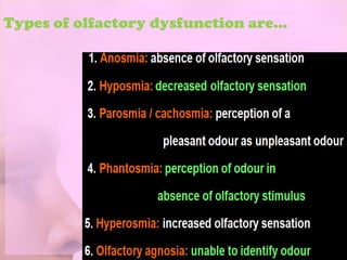 Types of olfactory dysfunction are…
 