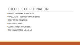 THEORIES OF PHONATION
•NEUROCHRONAXIC HYPOTHESIS.
•MYOELASTIC – AERODYNAMIC THEORY.
•BODY COVER PRINCIPLE.
•TWO MASS MODEL
•SOURCE FILTER HYPOTHESIS.
•ONE MASS MODEL (obsolete)
 
