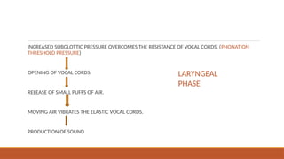 INCREASED SUBGLOTTIC PRESSURE OVERCOMES THE RESISTANCE OF VOCAL CORDS. (PHONATION
THRESHOLD PRESSURE)
OPENING OF VOCAL CORDS.
RELEASE OF SMALL PUFFS OF AIR.
MOVING AIR VIBRATES THE ELASTIC VOCAL CORDS.
PRODUCTION OF SOUND
LARYNGEAL
PHASE
 