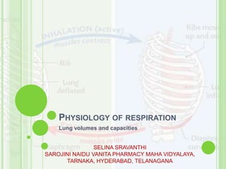 PHYSIOLOGY OF RESPIRATION
Lung volumes and capacities
SELINA SRAVANTHI
SAROJINI NAIDU VANITA PHARMACY MAHA VIDYALAYA,
TARNAKA, HYDERABAD, TELANAGANA
 