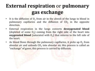 External respiration or pulmonary
gas exchange
• It is the diffusion of O2 from air in the alveoli of the lungs to blood in
pulmonary capillaries and the diffusion of CO2 in the opposite
direction.
• External respiration in the lungs converts deoxygenated blood
(depleted of some O2) coming from the right side of the heart into
oxygenated blood (saturated with O2) that returns to the left side of
the heart.
• As blood flows through the pulmonary capillaries, it picks up O2 from
alveolar air and unloads CO2 into alveolar air, this process is called an
“exchange” of gases, this process is carried by diffusion.
 
