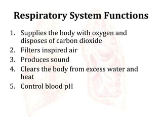 Respiratory System Functions
1. Supplies the body with oxygen and
disposes of carbon dioxide
2. Filters inspired air
3. Produces sound
4. Clears the body from excess water and
heat
5. Control blood pH
 