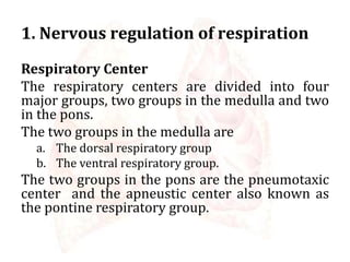 1. Nervous regulation of respiration
Respiratory Center
The respiratory centers are divided into four
major groups, two groups in the medulla and two
in the pons.
The two groups in the medulla are
a. The dorsal respiratory group
b. The ventral respiratory group.
The two groups in the pons are the pneumotaxic
center and the apneustic center also known as
the pontine respiratory group.
 