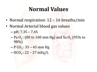 Normal Values
• Normal respiration: 12 – 16 breaths/min
• Normal Arterial blood gas values
– pH: 7.35 – 7.45
– Pa O2 : (80 to 100 mm Hg) and Sa O2 (95% to
98%)
– P CO2 : 35 – 45 mm Hg
– HCO3 : 22 – 27 mEq/L
 