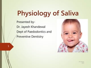 Physiology of Saliva
Presented by-
Dr. Jayesh Khandewal
Dept of Paedodontics and
Preventive Dentistry
20 January
2019
1
 