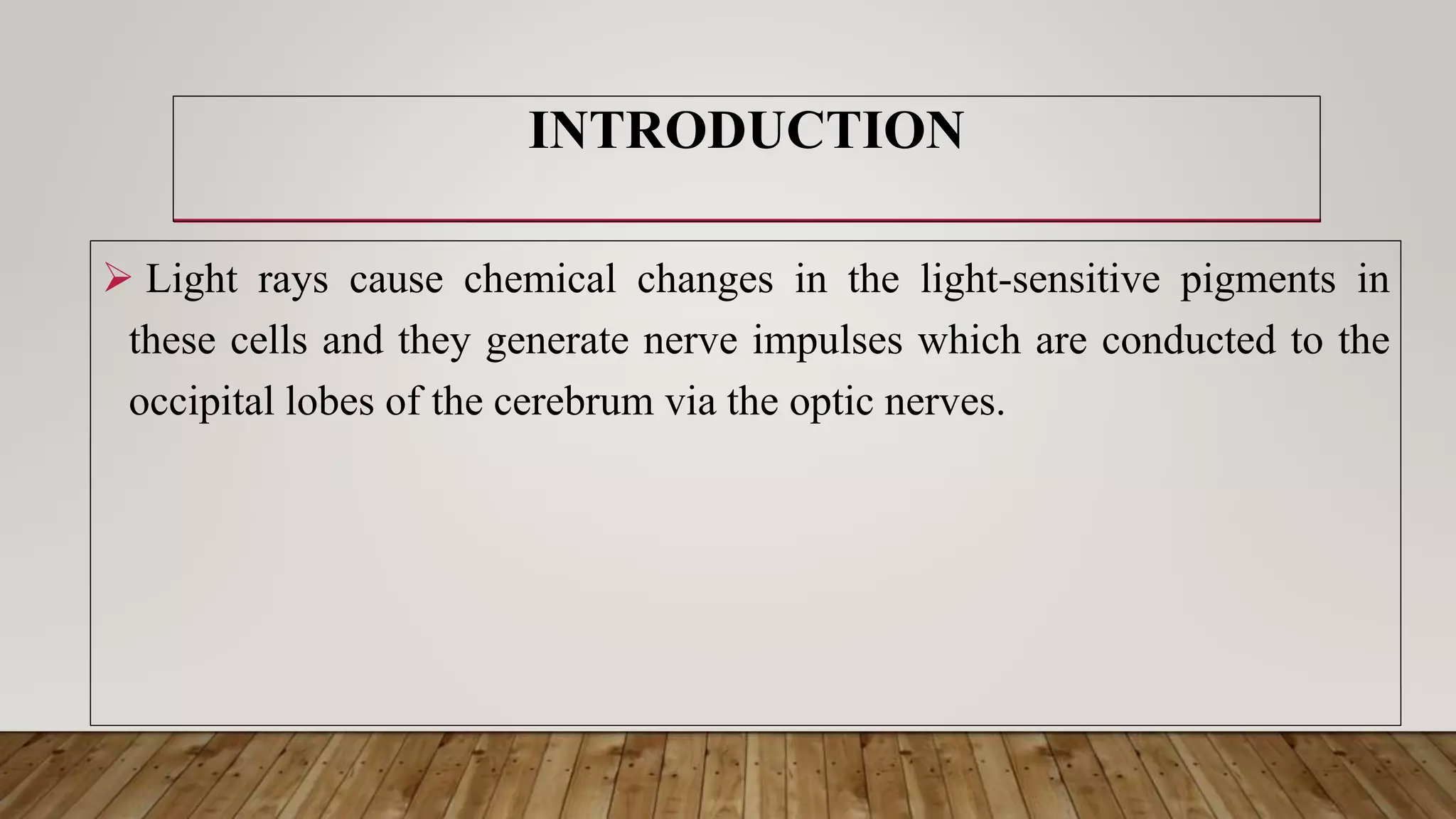 INTRODUCTION
 Light rays cause chemical changes in the light-sensitive pigments in
these cells and they generate nerve impulses which are conducted to the
occipital lobes of the cerebrum via the optic nerves.
 