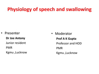 Physiology of speech and swallowing
• Presenter
Dr Joe Antony
Junior resident
PMR
Kgmu ,Lucknow
• Moderator
Prof A K Gupta
Professor and HOD
PMR
Kgmu ,Lucknow
 