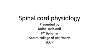 Spinal cord physiology
Presented by
Kolhe Yash Anil
F.Y Bpharm
Satara college of pharmacy
SCOP
 