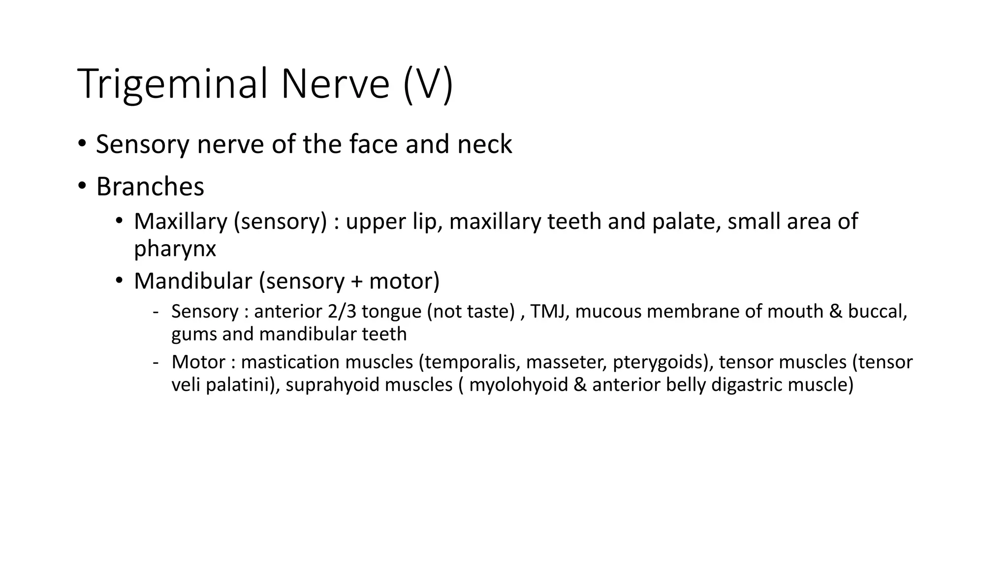 Trigeminal Nerve (V)
• Sensory nerve of the face and neck
• Branches
• Maxillary (sensory) : upper lip, maxillary teeth and palate, small area of
pharynx
• Mandibular (sensory + motor)
- Sensory : anterior 2/3 tongue (not taste) , TMJ, mucous membrane of mouth & buccal,
gums and mandibular teeth
- Motor : mastication muscles (temporalis, masseter, pterygoids), tensor muscles (tensor
veli palatini), suprahyoid muscles ( myolohyoid & anterior belly digastric muscle)
 