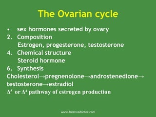 The Ovarian cycle
• sex hormones secreted by ovary
2. Composition
Estrogen, progesterone, testosterone
4. Chemical structure
Steroid hormone
6. Synthesis
Cholesterol pregnenolone androstenedione
→ → →
testosterone estradiol
→
Δ5
or Δ4
pathway of estrogen production
www.freelivedoctor.com
 