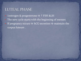 estrogen & progesterone   FSH &LH
 The new cycle starts with the beginning of menses
 If pregnancy occurs  hCG secretion  maintain the
corpus luteum .
 