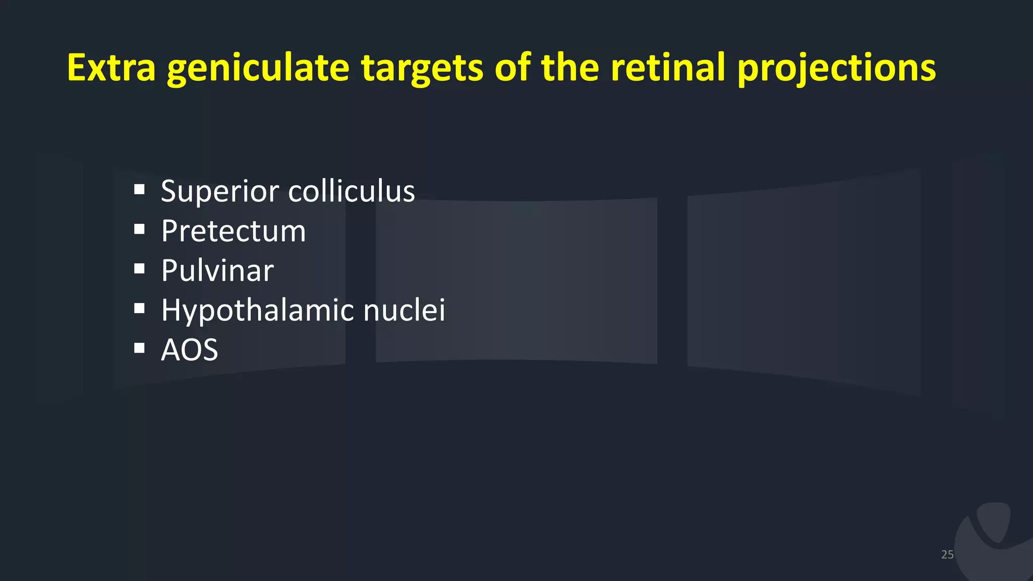  Superior colliculus
 Pretectum
 Pulvinar
 Hypothalamic nuclei
 AOS
25
Extra geniculate targets of the retinal projections
 