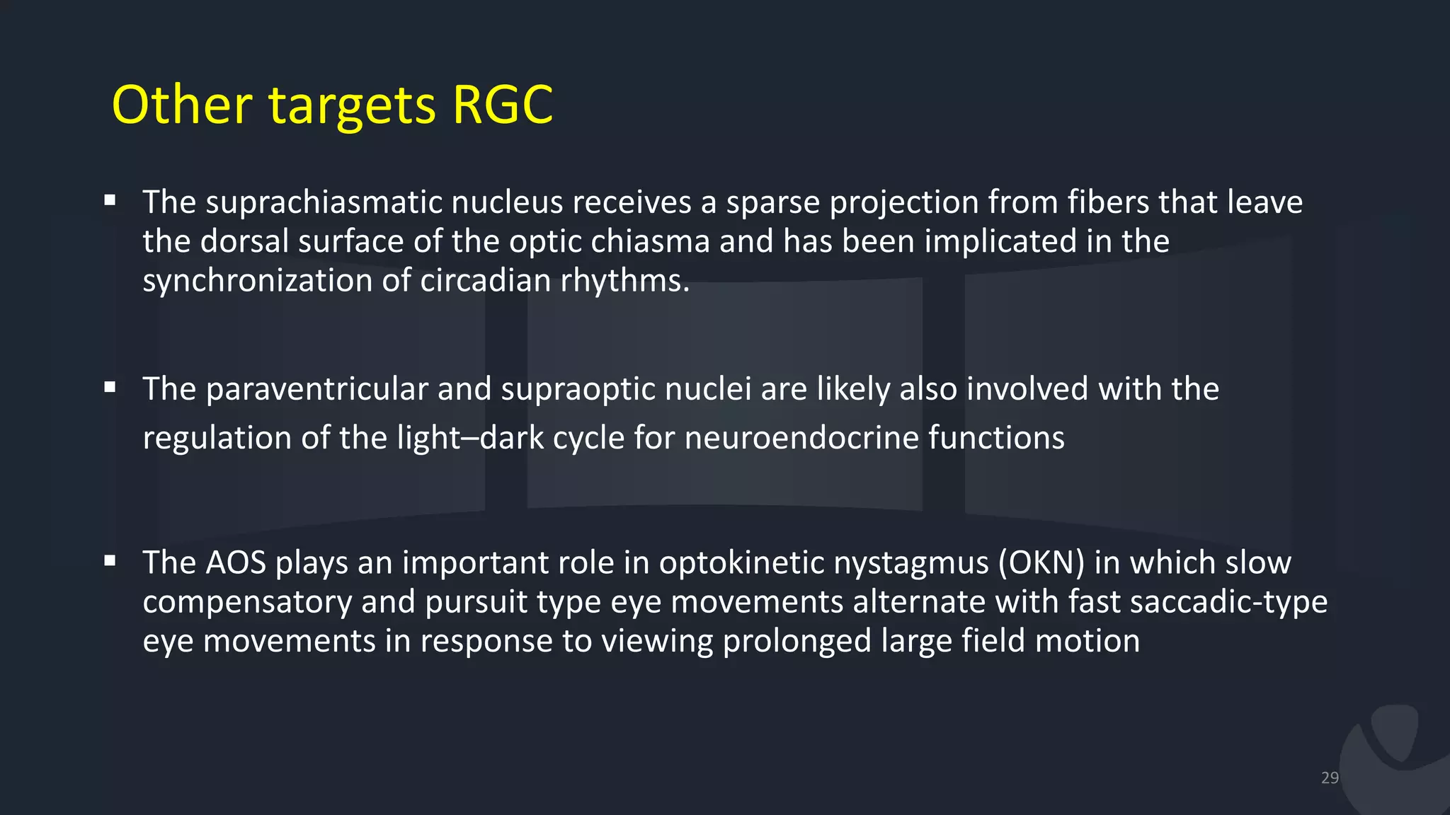  The suprachiasmatic nucleus receives a sparse projection from fibers that leave
the dorsal surface of the optic chiasma and has been implicated in the
synchronization of circadian rhythms.
 The paraventricular and supraoptic nuclei are likely also involved with the
regulation of the light–dark cycle for neuroendocrine functions
 The AOS plays an important role in optokinetic nystagmus (OKN) in which slow
compensatory and pursuit type eye movements alternate with fast saccadic-type
eye movements in response to viewing prolonged large field motion
29
Other targets RGC
 