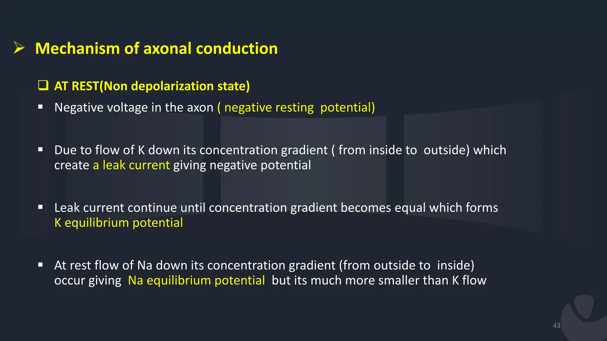 43
 Mechanism of axonal conduction
 AT REST(Non depolarization state)
 Negative voltage in the axon ( negative resting potential)
 Due to flow of K down its concentration gradient ( from inside to outside) which
create a leak current giving negative potential
 Leak current continue until concentration gradient becomes equal which forms
K equilibrium potential
 At rest flow of Na down its concentration gradient (from outside to inside)
occur giving Na equilibrium potential but its much more smaller than K flow
 