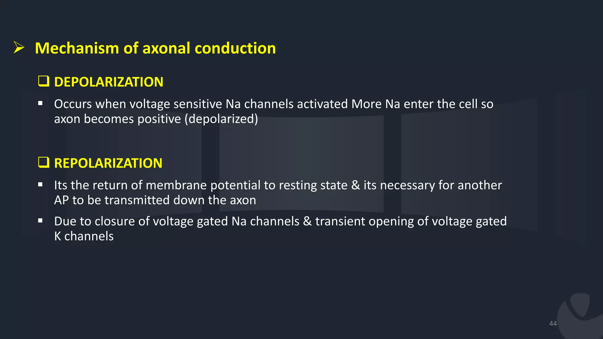 44
 DEPOLARIZATION
 Occurs when voltage sensitive Na channels activated More Na enter the cell so
axon becomes positive (depolarized)
 REPOLARIZATION
 Its the return of membrane potential to resting state & its necessary for another
AP to be transmitted down the axon
 Due to closure of voltage gated Na channels & transient opening of voltage gated
K channels
 Mechanism of axonal conduction
 