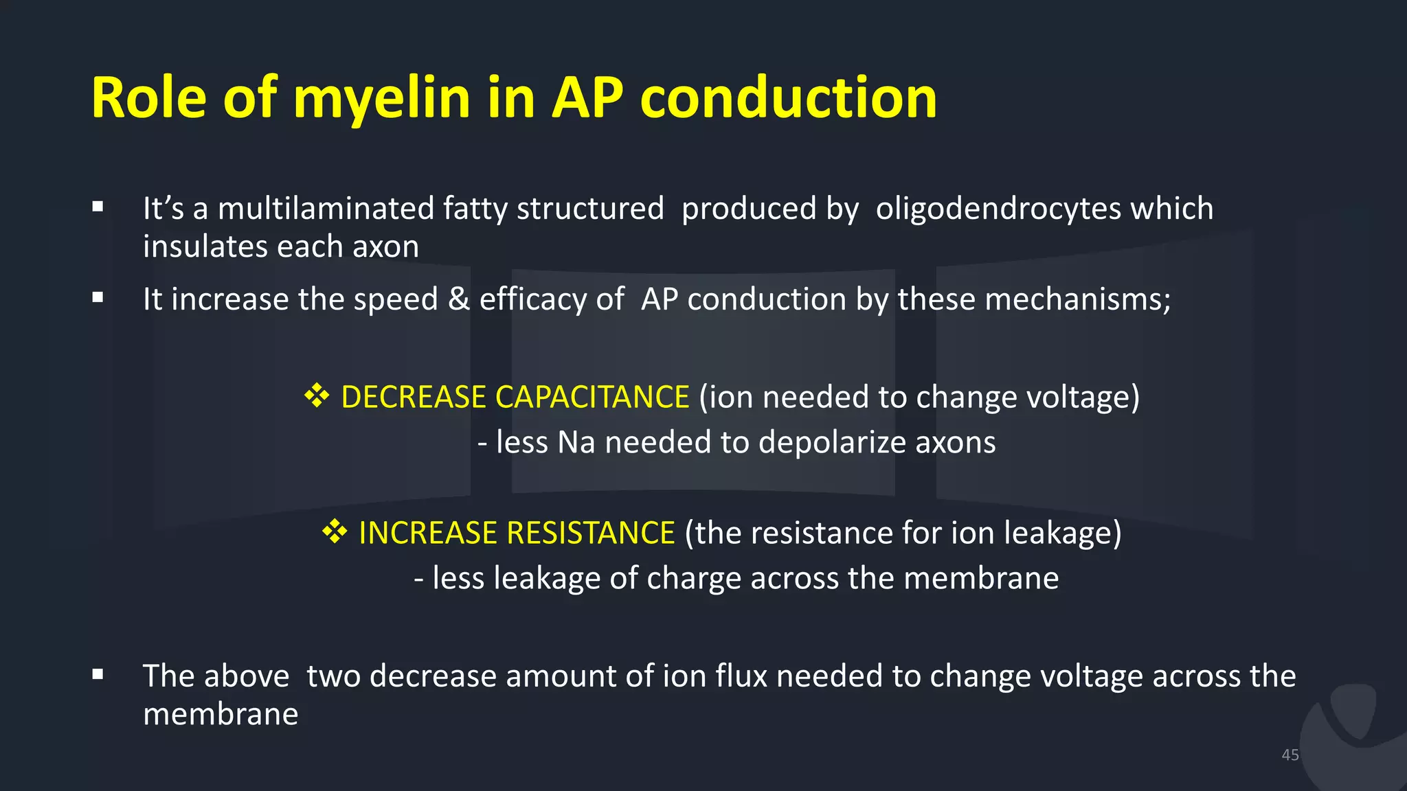Role of myelin in AP conduction
 It’s a multilaminated fatty structured produced by oligodendrocytes which
insulates each axon
 It increase the speed & efficacy of AP conduction by these mechanisms;
 DECREASE CAPACITANCE (ion needed to change voltage)
- less Na needed to depolarize axons
 INCREASE RESISTANCE (the resistance for ion leakage)
- less leakage of charge across the membrane
 The above two decrease amount of ion flux needed to change voltage across the
membrane
45
 