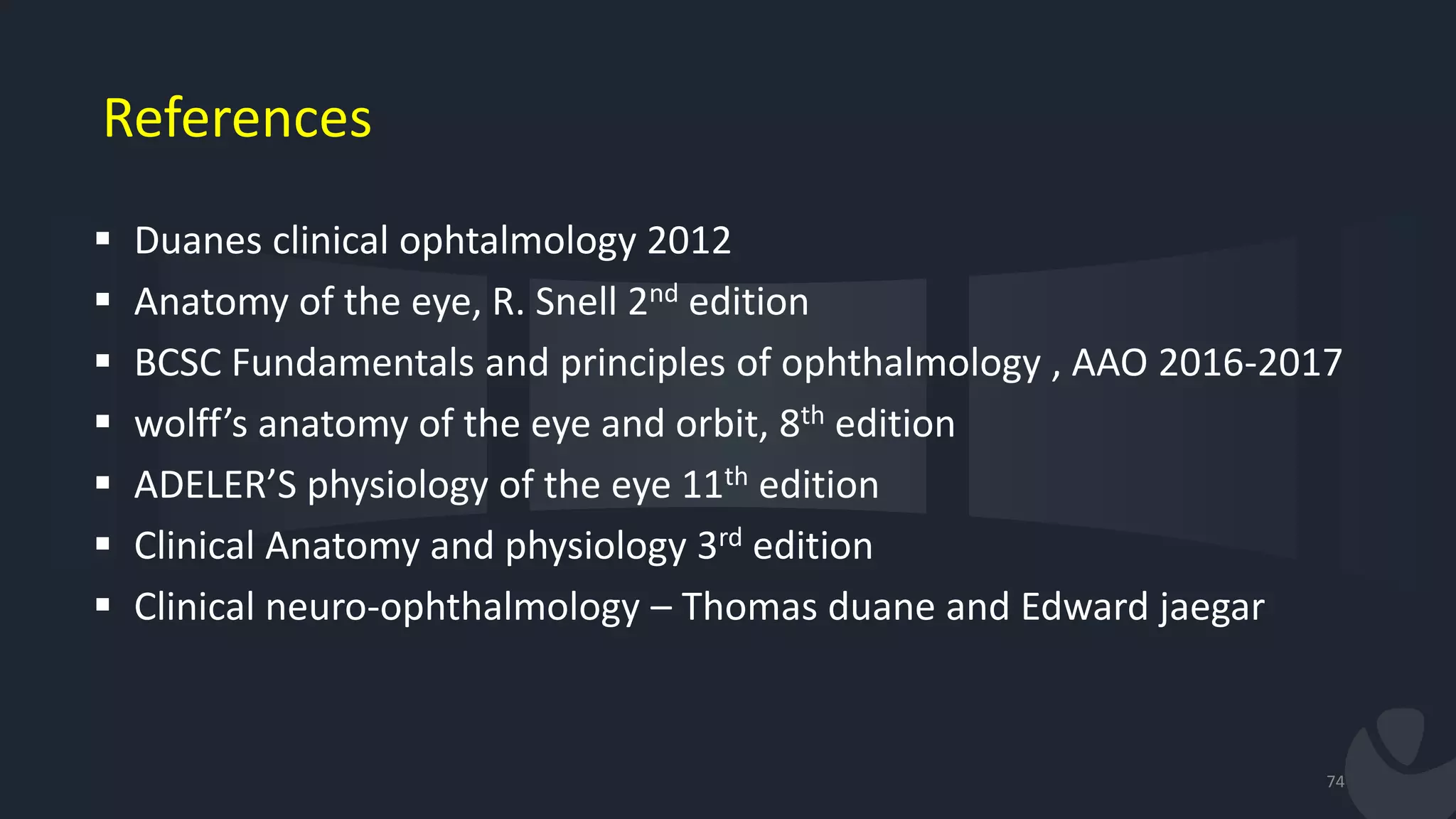 References
 Duanes clinical ophtalmology 2012
 Anatomy of the eye, R. Snell 2nd edition
 BCSC Fundamentals and principles of ophthalmology , AAO 2016-2017
 wolff’s anatomy of the eye and orbit, 8th edition
 ADELER’S physiology of the eye 11th edition
 Clinical Anatomy and physiology 3rd edition
 Clinical neuro-ophthalmology – Thomas duane and Edward jaegar
74
 
