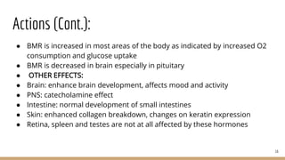 Actions (Cont.):
● BMR is increased in most areas of the body as indicated by increased O2
consumption and glucose uptake
● BMR is decreased in brain especially in pituitary
● OTHER EFFECTS:
● Brain: enhance brain development, affects mood and activity
● PNS: catecholamine effect
● Intestine: normal development of small intestines
● Skin: enhanced collagen breakdown, changes on keratin expression
● Retina, spleen and testes are not at all affected by these hormones
16
 