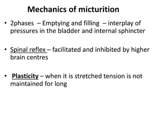 Mechanics of micturition
• 2phases – Emptying and filling – interplay of
pressures in the bladder and internal sphincter
• Spinal reflex – facilitated and inhibited by higher
brain centres
• Plasticity – when it is stretched tension is not
maintained for long
 
