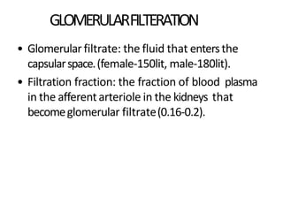 Filtration membrane
• Theglomerular capillaries and the podocytes,
which completely encircles the capillaries,
form aleaky...