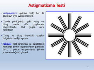 Astigmatizma Testi
40
• Astigmatizma (görme testi) her iki
göze ayrı ayrı uygulanmalıdır.
• Yanda gördüğünüz şekil yatay ve
dikey olanlar, düz çizgilerden
oluşmaktadır, dört grupta aynı
netliktedir
• Yatay ve dikey dışındaki çizgiler
dalgalıdır. Netliği aynıdır
• Sonuç: Test sırasında bu çizgilerden
herhangi birinin diğerlerinden parlaklık
farkı, o gözde astigmatizma görme
kusuru olduğunu gösterir.
 