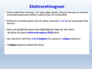 Elektroretinogram
• Gözün elektriksel aktivitesi, biri göze diğeri gözün arkasına konmuş iki elektrot
arasındaki potansiyel farkların yazdırılması ile incelenebilir
• Dinlenme sırasında gözün önü ile arkası arasında 6 mV'luk bir potansiyel farkı
bulunur
• Göze ışık geldiğinde potansiyel değişikliğinde özgün bir dizi izlenir.
Bu diziye ait kayıta elektroretinogram (ERG) denir
• Işık uyarısının verilmesi a ve b dalgaları ile, yavaş bir c dalgası oluşturur
• C dalgası pigment epitelinde oluşur
59
 