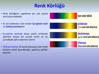 Renk Körlüğü
• Renk körlüğünü saptamak için çok sayıda
test bulunmaktadır
• En sık kullanılan rutin testler İp-eşleme testi
ve İshihara kartlarıdır
• İp-eşleme testinde kişiye çeşitli renklerde
iplerden oluşan bir yumak verilir ve bu
yumaktaki ipleri eşlemesi istenir
• İshihara kartları ile buna benzeyen çok renkli
kartlara renkli beneklerden yapılmış şekiller
basılıdır
70
 
