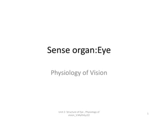 Sense organ:Eye
Physiology of Vision
1
Unit 2- Structure of Eye , Physiology of
vision_V.Mythily,JCE
 