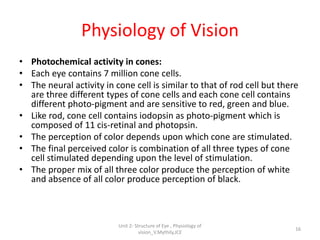 Physiology of Vision
• Photochemical activity in cones:
• Each eye contains 7 million cone cells.
• The neural activity in cone cell is similar to that of rod cell but there
are three different types of cone cells and each cone cell contains
different photo-pigment and are sensitive to red, green and blue.
• Like rod, cone cell contains iodopsin as photo-pigment which is
composed of 11 cis-retinal and photopsin.
• The perception of color depends upon which cone are stimulated.
• The final perceived color is combination of all three types of cone
cell stimulated depending upon the level of stimulation.
• The proper mix of all three color produce the perception of white
and absence of all color produce perception of black.
16
Unit 2- Structure of Eye , Physiology of
vision_V.Mythily,JCE
 