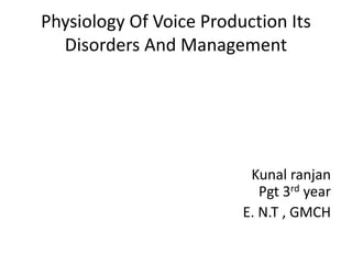 Physiology Of Voice Production Its
Disorders And Management
Kunal ranjan
Pgt 3rd year
E. N.T , GMCH
 