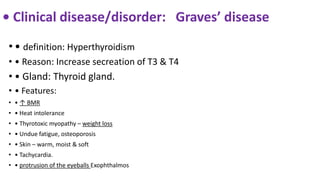 • Clinical disease/disorder: Graves’ disease
• • definition: Hyperthyroidism
• • Reason: Increase secreation of T3 & T4
• • Gland: Thyroid gland.
• • Features:
• • ↑ BMR
• • Heat intolerance
• • Thyrotoxic myopathy – weight loss
• • Undue fatigue, osteoporosis
• • Skin – warm, moist & soft
• • Tachycardia.
• • protrusion of the eyeballs Exophthalmos
 