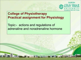 College of Physiotherapy
Practical assignment for Physiology
Topic:- actions and regulations of
adrenaline and noradrenaline hormone
 