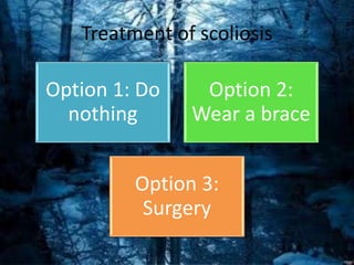 Treatment of scoliosis
Option 1: Do
nothing
Option 2:
Wear a brace
Option 3:
Surgery
 