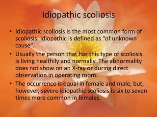 Idiopathic scoliosis
• Idiopathic scoliosis is the most common form of
scoliosis. Idiopathic is defined as “of unknown
cause”.
• Usually the person that has this type of scoliosis
is living healthily and normally. The abnormality
does not show on an X-ray or during direct
observation in operating room.
• The occurrence is equal in female and male, but,
however, severe idiopathic scoliosis is six to seven
times more common in females.
 