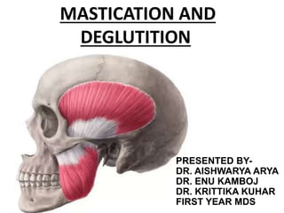 PRESENTED BY-
DR. AISHWARYA ARYA
DR. ENU KAMBOJ
DR. KRITTIKA KUHAR
FIRST YEAR MDS
MASTICATION AND
DEGLUTITION
 
