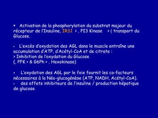  Activation de la phosphorylation du substrat majeur du
récepteur de l’Insuline, IRS1 > , PI3 Kinase > ( transport du
Glucose.
 L’excès d’oxydation des AGL dans le muscle entraîne une
accumulation d’ATP, d’Acétyl-CoA et de citrate :
> Inhibition de l’oxydation du Glucose
(, PFK > & G6Ph > , Hexokinase)
 L’oxydation des AGL par le foie fournit les co-facteurs
nécessaires à la Néo-glucogénèse (ATP, NADH, Acétyl-CoA).
 des effets inhibiteurs de l’insuline / production hépatique
de glucose.
 