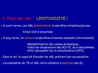 3- Place des AGL : LIPOTOXICITE !
● A court terme, Les AGL potentialisent la sécrétion d’insuline/glucose:
&Acyl-CoA a exocytose.
● A long terme, ils inhibent la sécrétion d’insuline (anomalie fonctionnelle):
désensibilisation des canaux potassiques,
réduction d’expression des GLUT2, de la Glucokinase,
effet découplant sur la mitochondrie (UCP2).
- Chez le rat, la capacité d’oxyder les AGL prévient leur accumulation
- L’accumulation de TG et AGL intra-cellulaire a apoptose des Çb .
 