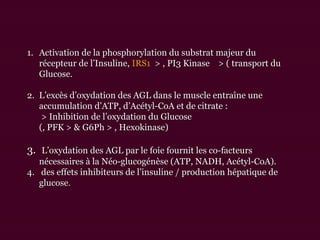 1.1. Activation de la phosphorylation du substrat majeur duActivation de la phosphorylation du substrat majeur du
récepteur de l’Insuline,récepteur de l’Insuline, IRS1IRS1 > , PI3 Kinase > ( transport du> , PI3 Kinase > ( transport du
Glucose.Glucose.
2.2. L’excès d’oxydation des AGL dans le muscle entraîne uneL’excès d’oxydation des AGL dans le muscle entraîne une
accumulation d’ATP, d’Acétyl-CoA et de citrate :accumulation d’ATP, d’Acétyl-CoA et de citrate :
> Inhibition de l’oxydation du Glucose> Inhibition de l’oxydation du Glucose
(, PFK > & G6Ph > , Hexokinase)(, PFK > & G6Ph > , Hexokinase)
3.3. L’oxydation des AGL par le foie fournit les co-facteursL’oxydation des AGL par le foie fournit les co-facteurs
nécessaires à la Néo-glucogénèse (ATP, NADH, Acétyl-CoA).nécessaires à la Néo-glucogénèse (ATP, NADH, Acétyl-CoA).
4.4. des effets inhibiteurs de l’insuline / production hépatique dedes effets inhibiteurs de l’insuline / production hépatique de
glucoseglucose..
 