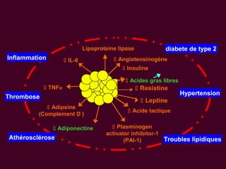 Adipose
tissue
 IL-6
 Adiponectine
 Leptine
 TNFα
 Adipsine
(Complement D )
 Plasminogen
activator inhibitor-1
(PAI-1)
 Resistine
 Acides gras libres
 Insuline
 Angiotensinogène
 Lipoproteine lipase
 Acide lactique
Inflammation
diabete de type 2
Hypertension
Troubles lipidiques
Thrombose
Athérosclérose
 