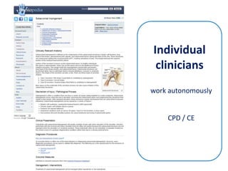 Individual clinicians  work autonomously   CPD / CE