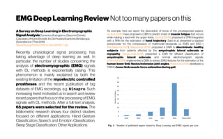 EMG DeepLearning Review Not too many papers on this
ASurveyonDeep LearninginElectromyographic
SignalAnalysisDomenicoBuongiorno,GiacomoDonato
Cascarano,AntonioBrunetti,IrioDeFeudis,VitoantonioBe1vilacqua
(Submittedon7Feb2019)
https://doi.org/10.1007/978-3-030-26766-7_68
Recently, physiological signal processing has
taking advantage of deep learning as well. In
particular, the number of studies concerning the
analysis of electromyographic (EMG) signals
with DL methods is exponentially raising. This
phenomenon is mainly explained by both the
existing limitation of the myoelectric controlled
prostheses and the recent publication of big
datasets of EMG recordings, e.g. Ninapro. Such
increasing trend motivated us to search and review
recent papers that focus on the processing of EMG
signals with DL methods. After a full text analysis,
65 papers were selected for the review. The
bibliometric research shows four distinct clusters
focused on different applications: Hand Gesture
Classification; Speech and Emotion Classification;
Sleep Stage Classification; Other Applications
As example, here we report the description of some of the uncategorized papers.
Suetal.(2016) have proposed a DBN to predict onset of muscle fatigue that occurs
while holding a load with the upper limbs. Xiaetal.(2018) proposed a CNN integrated
with a RNN for the estimation of hand trajectory. Said et al. presented a stacked
autoencoder for the compression of multimodal biosignals, i.e. EMG and EEG (
BenSaidetal.2017). Bakiyaetal.(2018) proposed a DNN to discriminate healthy
subjects from patients affected by the amyotrophic lateral sclerosis or
myopathy. Senguretal.(2018) presented a CNN for efficient classification of
amyotrophic lateral sclerosis and normal electromyogram signals.
Chenetal.(2018) implemented a DBN to extract EMG features for the estimation of the
human lower limb flexion/extension joint angles. Raneetal.(2019) developed a
CNNfor lowerlimbmuscleforceestimationduringgait.
 