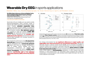 WearableDryEEGin sportsapplications
RESEARCH TOPIC: Dry Electroencephalography for Brain Monitoring in Sports and Movement Science
DryEEGinSportsSciences:A Fast and ReliableToolto
AssessIndividualAlpha PeakFrequency Changes
Induced byPhysicalEffort SeleniadiFronso,PatriqueFiedler,
GabriellaTamburro,JensHaueisen,Maurizio Bertollo andSilvia Comani
Front.Neurosci.,20September2019|
https://doi.org/10.3389/fnins.2019.00982
Novel state-of-the-art amplifier and cap systems enable
Electroencephalography (EEG) recording outside of
stationary lab systems during physical exercise and body
motion. However, extensive preparation time,
cleaning, and limited long-term stability of conventional
gel-based electrode systems pose significant limitations
in out-of-the-lab conditions. Dry electrode systems
may contribute to rapid and repetitive mobile EEG
acquisition with significantly reduced preparation time,
reduced cleaning requirements, and possible self-
application by the volunteer but are known for higher
channel failure probability and increased sensitivity to
movementartifacts.
We compared the performance of the 64-channel dry
electrodecap(waveguardtouchCY-261,ANT Neurob.v.,
Hengelo, Netherlands) with a commercial gel-based
cap system (ANT Neuro b.v., Hengelo, Netherlands) in
terms of usability metrics, reliability, and signal
characteristics. Furthermore, we validated the
performance of the dry cap during a realistic sport
science investigation, verifying the hypothesis of a
systematic, reproducible shift of the individual
alpha peak frequency (iAPF) induced by physical
effort.
Individual alpha peak frequency (iAPF) results for both electrode types: (A) individual results in Phase II (pre-cycling
condition) and Phase V (passive recovery condition) for all volunteers with alpha activity exceeding the threshold
criterion; (B) grand average mean and STD calculated over all volunteers in Phases II (pre-cycling condition), IV (active
recovery), and V(passive recovery). Asterisksin panel (B) indicate significant differences between the iAPF valuesin the
different paradigm phases( p <0.05;  p <0.001).∗p < 0.05; ∗∗p < 0.001). ∗p < 0.05; ∗∗p < 0.001).∗p < 0.05; ∗∗p < 0.001).
Our findings demonstrated that no significant differences in signal quality and
applicability were observed between dry and gel-based electrodes. Although dry
electrodes showed a reduced overall channel reliability and an increased susceptibility to
movement artifacts when compared to gel-based electrodes, they have the advantage of
allowing a rapid and easy preparation, and can be a choice for sports science or mobile
brain–body interaction studies that involve moderate and homogeneous movements (e.g.,
during normal walking, in neuromarketing applications, or when studying brain–body
interaction in virtual environments). The high-density setups employed here enable the
compensation of channel-dropouts while providing further spatial information that may be
furtheranalyzedinfuturestudies.
 