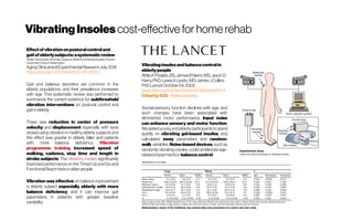 VibratingInsoles cost-effective for homerehab
Effectof vibrationonposturalcontroland
gaitofelderlysubjects:asystematicreview
Atefeh Aboutorabi, MokhtarArazpour,Mahmood Bahramizadeh, Farzam
Farahmand,Reza Fadayevatan
AgingClinicalandExperimentalResearchJuly2018
https://doi.org/10.1007/s40520-017-0831-7
Gait and balance disorders are common in the
elderly populations, and their prevalence increases
with age. This systematic review was performed to
summarize the current evidence for subthreshold
vibration interventions on postural control and
gaitinelderly.
There was reduction in center of pressure
velocity and displacement especially with eyes
closed using vibration in healthy elderly subjects and
this effect was greater in elderly faller and patients
with more balance deficiency. Vibration
programme training increased speed of
walking, cadence, step time and length in
stroke subjects. The vibratory insoles significantly
improved performance on the Timed Up and Go and
FunctionalReachtestsinolder people.
Vibration was effective on balance improvement
in elderly subject especially elderly with more
balance deficiency and it can improve gait
parameters in patients with greater baseline
variability.
Vibratinginsolesandbalancecontrolin
elderlypeople
AttilaAPriplata,BS;JamesBNiemi,MS; JasonD
Harry,PhD;LewisALipsitz,MD;JamesJCollins,
PhDLancetOctober 04,2003
https://doi.org/10.1016/S0140-6736(03)14470-4
Citedby530 -Relatedarticles
Somatosensory function declines with age, and
such changes have been associated with
diminished motor performance. Input noise
can enhance sensory and motor function.
We asked young andelderly participants to stand
quietly on vibrating gel-based insoles, and
calculated sway parameters and random-
walk variables. Noise-based devices, such as
randomly vibrating insoles, could ameliorate age-
relatedimpairmentsin balancecontrol.
 