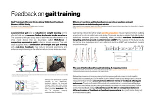 Feedback on gait training
GaitTraininginChronicStrokeUsingWalk-EvenFeedback
Device:APilotStudy
V. Krishnan, I. Khoo,P. Marayong, K. DeMars, and J.Cormack
http://dx.doi.org/10.1155/2016/6808319
Asymmetrical gait and a reduction in weight bearing on the
affected side are a common finding in chronic stroke survivors.
The purpose of this pilot study was to determine the effectiveness of a
shoe insole device that we developed, called Walk-Even, in
correcting asymmetric gait in chronic stroke survivors. This pilot
study suggests that a combination of strength and gait training
with real-time feedback may reduce temporal asymmetry and
enhanceweight-bearingontheaffectedsideinchronicstrokesurvivors.
Effectsofreal-timegaitbiofeedbackonpareticpropulsionandgait
biomechanicsinindividualspost-stroke
KatlinGenthe(EmoryUniversity,Atlanta, GA, USA)ChristopherSchenck StevenEicholtz, Laura Zajac-Cox,Steven Wolf &Trisha M.
Kesar https://doi.org/10.1080/10749357.2018.1436384
Gait training interventions that target pareticpropulsion induce improvements in walking
speed and function in individuals post-stroke. Previously, we demonstrated that able-bodied
individuals increase propulsion unilaterally when provided real-time biofeedback
targeting anterior ground reaction forces (AGRF). The purpose of this study was to,
for the first time, investigate short-term effects of real-time AGRF gait biofeedback training
onpost-strokegait.
Although we attribute the positive
changes to the “Walk-Even”
feedback training, the observed
changes might have been solely
due to the lower-extremity strength
training. Another limitation is the
lack of long-term followup
measuresafter thetraining.
Theuseofbiofeedbackforgaitretraining:Amappingreview
Linda M.A.vanGelder,Andrew Barnes,Jonathan S.Wheat, BenW.Heller https://doi.org/10.1016/j.clinbiomech.2018.09.020
ClinicalBiomechanics Volume59,November2018, Pages159-166
Biofeedbackseemstobeapromisingtooltoimprovegaitoutcomesforbothhealthy
individualsandpatientgroups.However,duetodifferencesinstudydesignsandoutcome
measurements,itremainsuncertainhowdifferentformsoffeedbackaffectgait
outcomes. Therefore,theaimofthisstudyistoreviewprimarybiomechanicalliterature
whichhasusedbiofeedbacktoalter gait-relatedoutcomesinhumanparticipants.Further
workonbiofeedbackandgaitshouldfocusonthedirectcomparisonbetween
differentmodesoffeedbackorfeedbackparameters,alongwithbetter designed
andfieldbasedstudies.
 